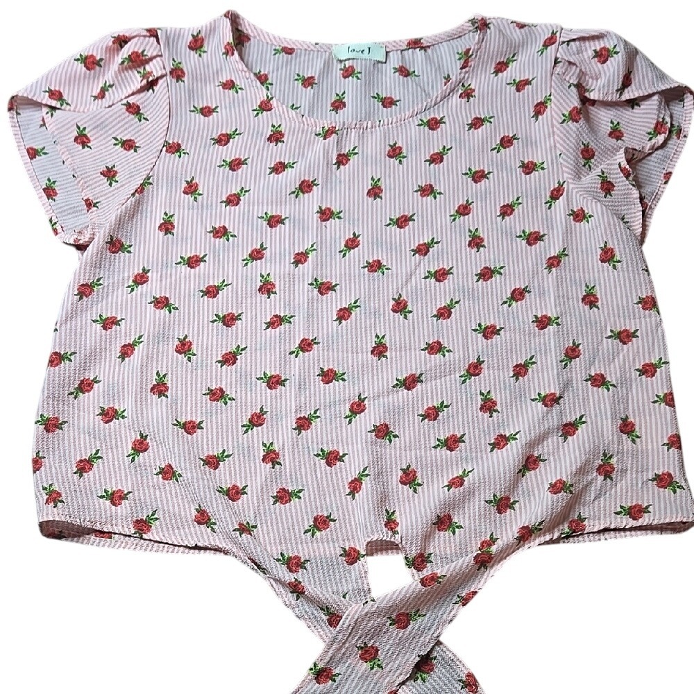 Love J Tie-Front Floral Rose Print Striped Top Feminine, Pink White, Medium